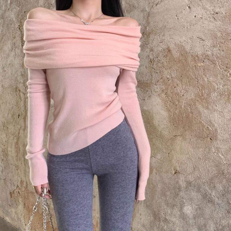Brown Design One-Shoulder Knitwear for Women Autum New Pure Lust Style Off-Shoulder Slim Top Ins Trendyy T-Shirt - Image 3