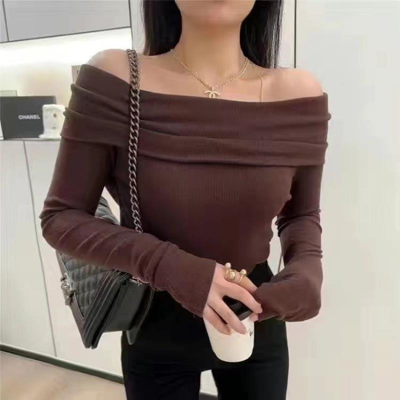 Brown Design One-Shoulder Knitwear for Women Autum New Pure Lust Style Off-Shoulder Slim Top Ins Trendyy T-Shirt - Image 2