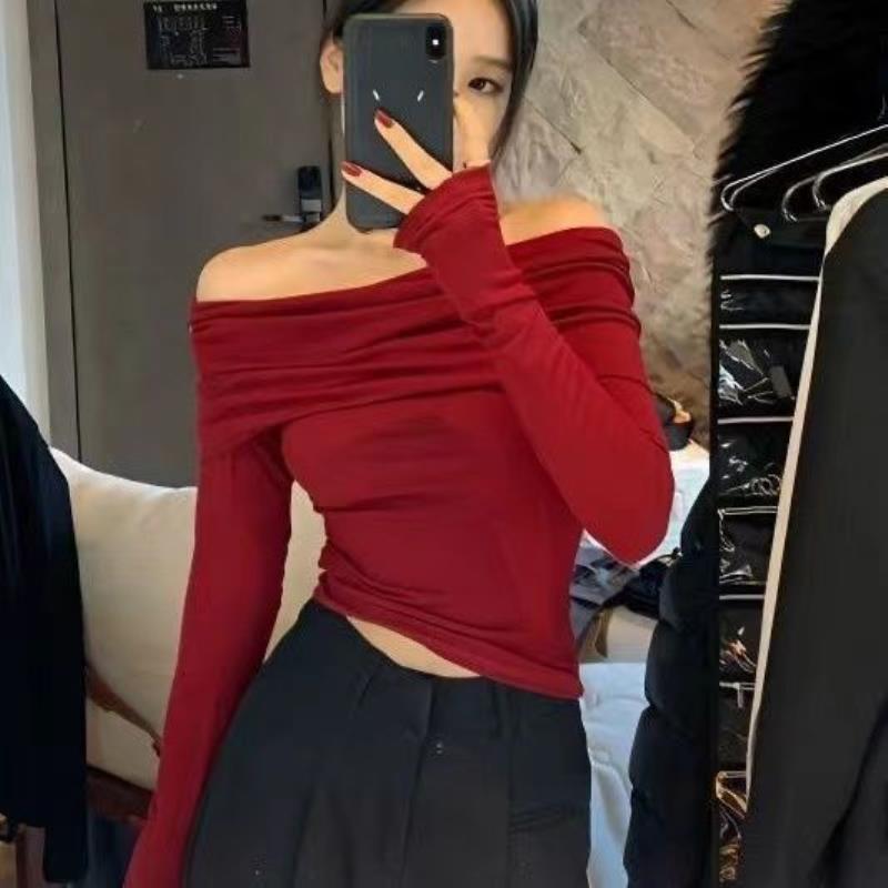 Brown Design One-Shoulder Knitwear for Women Autum New Pure Lust Style Off-Shoulder Slim Top Ins Trendyy T-Shirt - Image 5