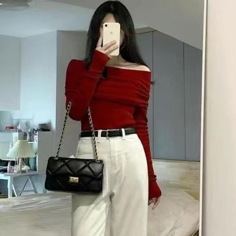 Brown Design One-Shoulder Knitwear for Women Autum New Pure Lust Style Off-Shoulder Slim Top Ins Trendyy T-Shirt - Image 4