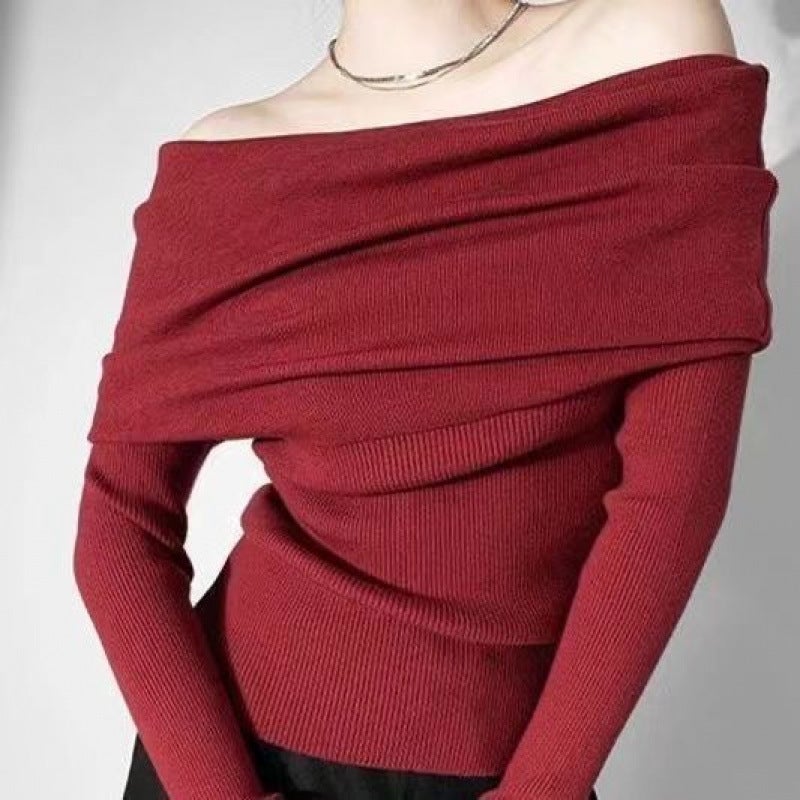Brown Design One-Shoulder Knitwear for Women Autum New Pure Lust Style Off-Shoulder Slim Top Ins Trendyy T-Shirt - Image 1