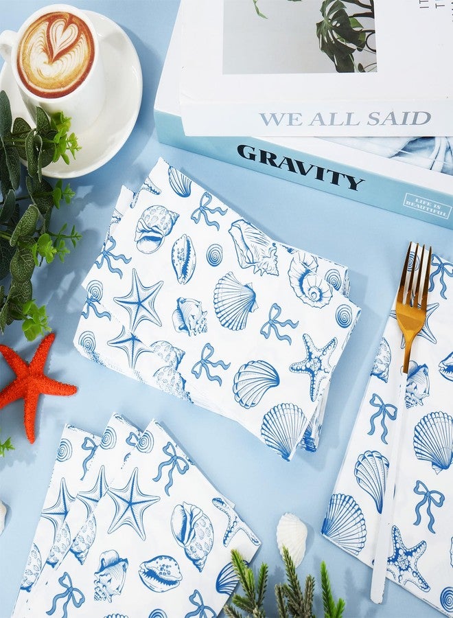 JarThenaAMCS جارثينا AMCS 50 قطعة من مناديل الضيوف البحرية زرقاء مع قوس نجمة البحر وقوقعة قابلة للتخلص من الورق مناديل العشاء الشاطئية مناشف يد للحمام لحفلات الزفاف الصيفية لوازم الطاولة - Image 5