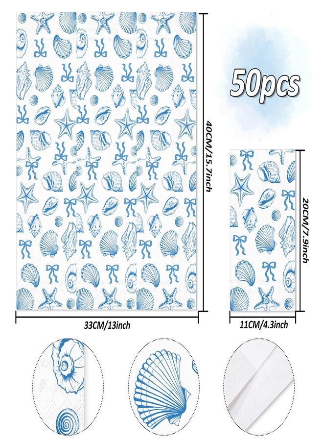 JarThenaAMCS جارثينا AMCS 50 قطعة من مناديل الضيوف البحرية زرقاء مع قوس نجمة البحر وقوقعة قابلة للتخلص من الورق مناديل العشاء الشاطئية مناشف يد للحمام لحفلات الزفاف الصيفية لوازم الطاولة - Image 2