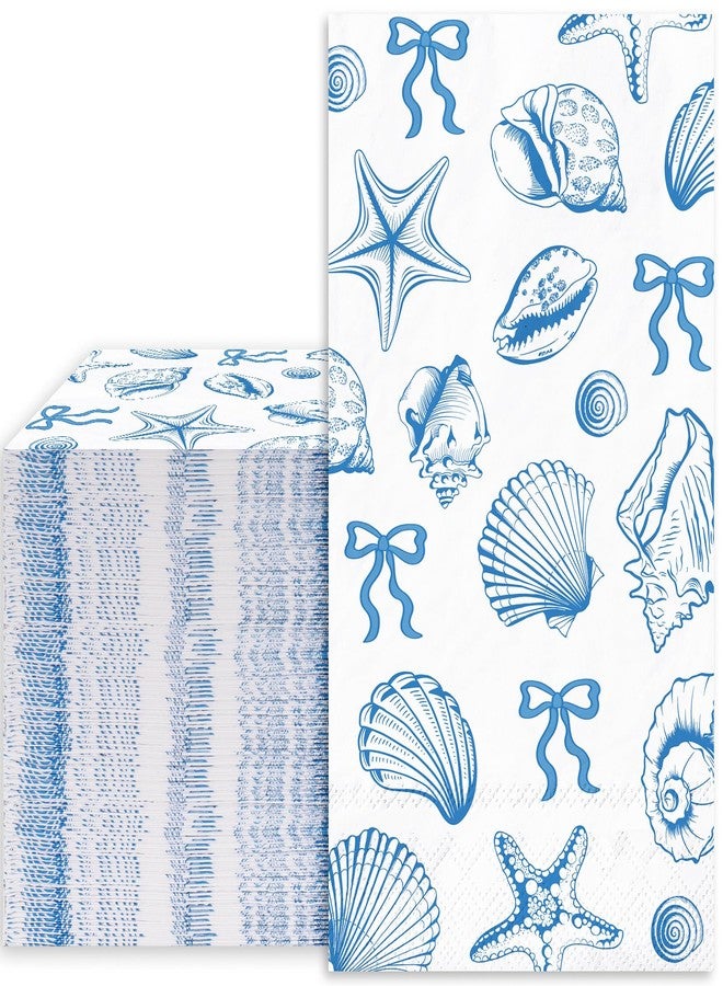 JarThenaAMCS جارثينا AMCS 50 قطعة من مناديل الضيوف البحرية زرقاء مع قوس نجمة البحر وقوقعة قابلة للتخلص من الورق مناديل العشاء الشاطئية مناشف يد للحمام لحفلات الزفاف الصيفية لوازم الطاولة - Image 1