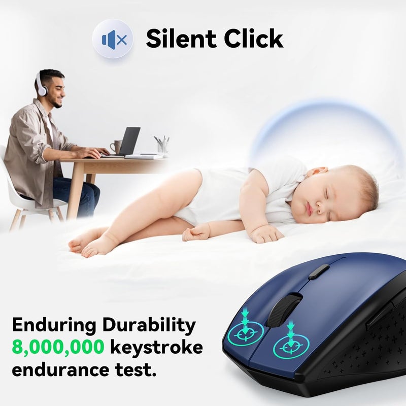 TECKNET Wireless Mouse, 2.4G USB Computer Mouse with 6-Level Adjustable 4800 DPI, 30 Months Battery, Ergonomic Grips, 6 Buttons Portable for PC, Chromebook, Mac - Blue - Image 2