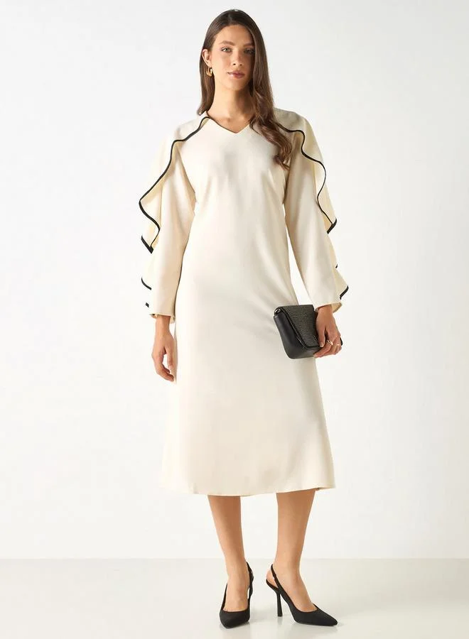 Iconic Iconic Solid V-neck Dress with Long Sleeves and Ruffles