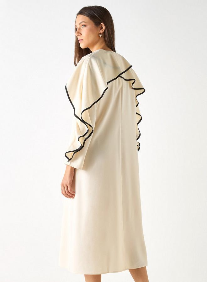 ايكونيك فستان أيقوني سادة بياقة على شكل حرف  وأكمام طويلة وكشكشة - Image 3