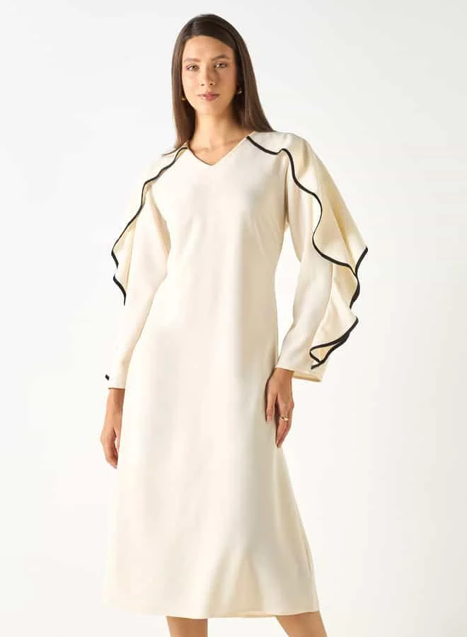 Iconic Iconic Solid V-neck Dress with Long Sleeves and Ruffles