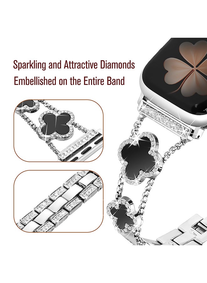 O Ozone سوار معدني لساعة أبل 40 مم و41 مم و38 مم، أحزمة بديلة مزينة بزهرة البرسيم الرائعة ذات الأربع أوراق، سلسلة 9 و8 و7 و6 و5 و4 و3 و2 و1 SE للنساء - فضي وأسود - Image 2