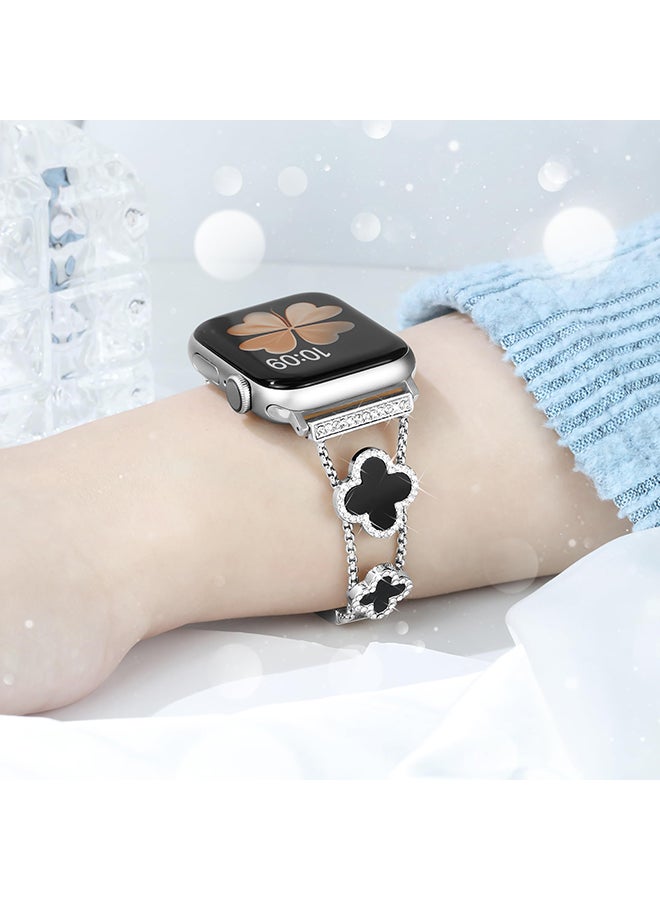 O Ozone سوار معدني لساعة أبل 40 مم و41 مم و38 مم، أحزمة بديلة مزينة بزهرة البرسيم الرائعة ذات الأربع أوراق، سلسلة 9 و8 و7 و6 و5 و4 و3 و2 و1 SE للنساء - فضي وأسود - Image 5