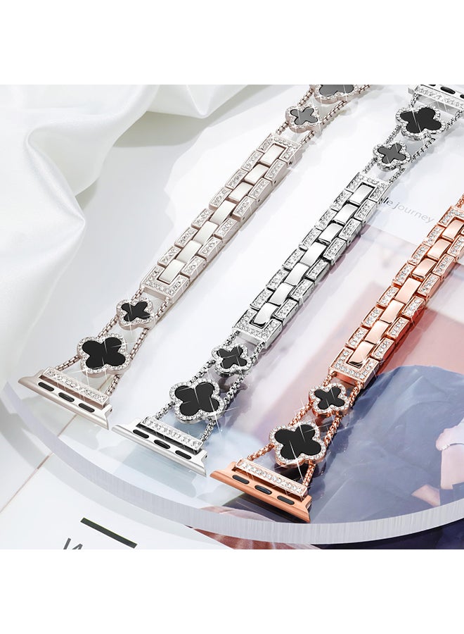 O Ozone سوار معدني لساعة أبل 40 مم و41 مم و38 مم، أحزمة بديلة مزينة بزهرة البرسيم الرائعة ذات الأربع أوراق، سلسلة 9 و8 و7 و6 و5 و4 و3 و2 و1 SE للنساء - فضي وأسود - Image 3