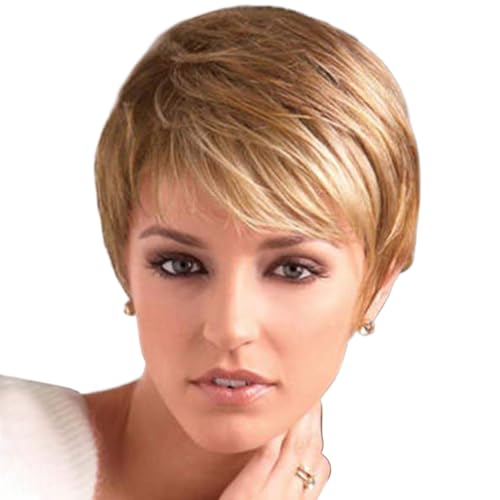 BECUS Short Pixie Cut Strawberry Blonde Wig with Bangs High Temperature Synthetic Silky Straight Realistic Wigs for Women with Wig Cap