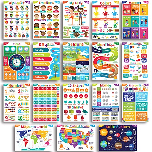 Sproutbrite 18 Educational Posters for Toddlers - Classroom Decorations - Kindergarten Homeschool Supplies Materials - Preschool Learning Decor - ABC Poster Charts for Distance Learning (Bright) - Image 1