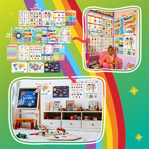 Sproutbrite 18 Educational Posters for Toddlers - Classroom Decorations - Kindergarten Homeschool Supplies Materials - Preschool Learning Decor - ABC Poster Charts for Distance Learning (Bright) - Image 2