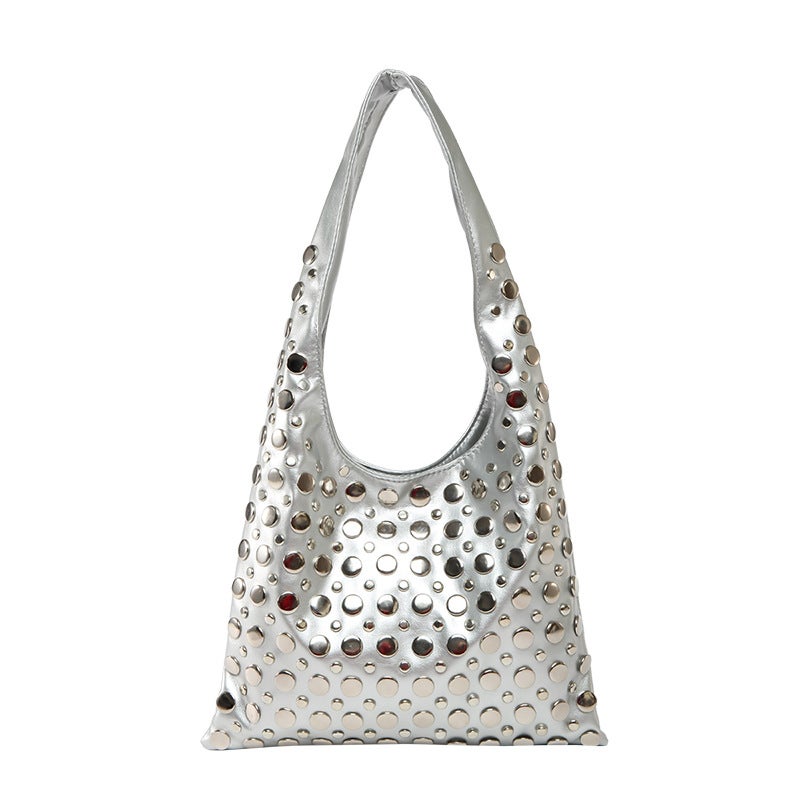 Personalized Trendy Cool Polka Dot Rivet Handbag For Women Motorcycle Bag Versatile Underarm Tote Bag - Image 1