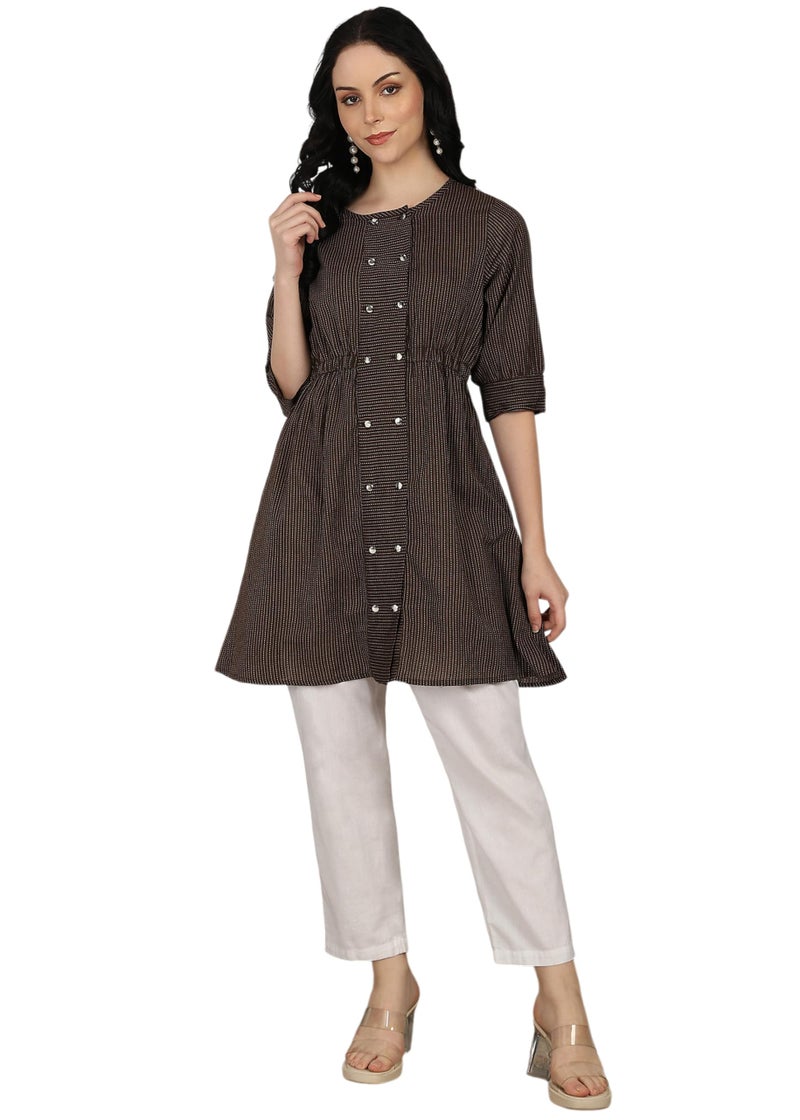 Yash Gallery Women's Kantha Cotton Stripes Printed 3/4th Sleeve Round Neck Regular Tunic Top (Brown, 4XL) - Image 1