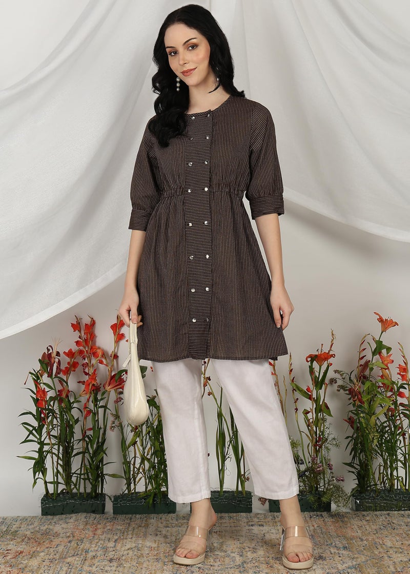 Yash Gallery Women's Kantha Cotton Stripes Printed 3/4th Sleeve Round Neck Regular Tunic Top (Brown, 4XL) - Image 3