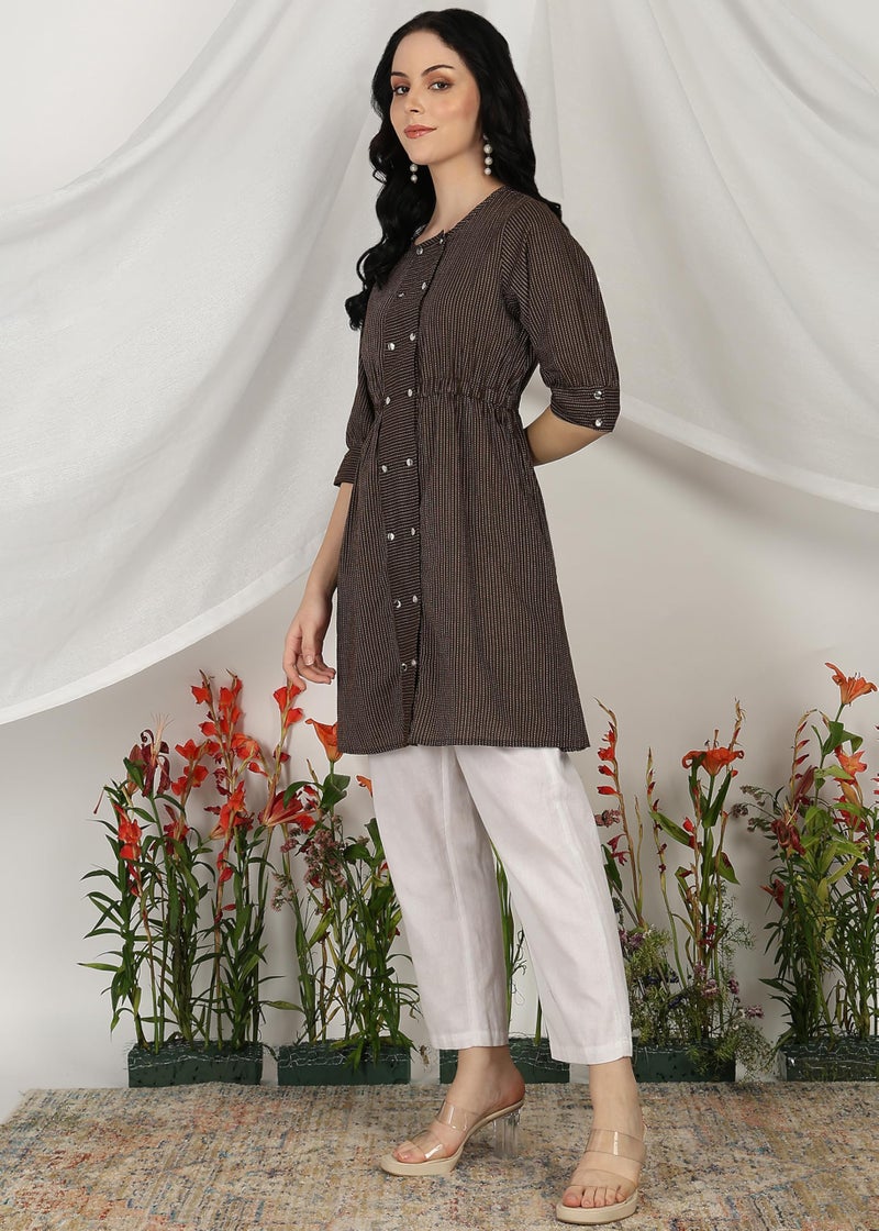 Yash Gallery Women's Kantha Cotton Stripes Printed 3/4th Sleeve Round Neck Regular Tunic Top (Brown, 4XL) - Image 2