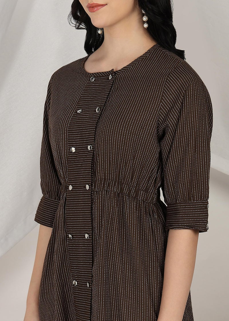 Yash Gallery Women's Kantha Cotton Stripes Printed 3/4th Sleeve Round Neck Regular Tunic Top (Brown, 4XL) - Image 5
