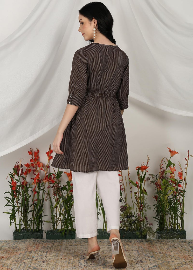 Yash Gallery Women's Kantha Cotton Stripes Printed 3/4th Sleeve Round Neck Regular Tunic Top (Brown, 4XL) - Image 4