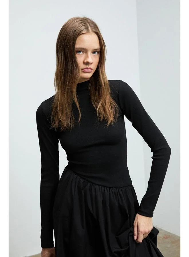 GRIMELANGE PANI PANTI Women's Top with Ribana Skirt Poplin Body-Hugging Black Dress.