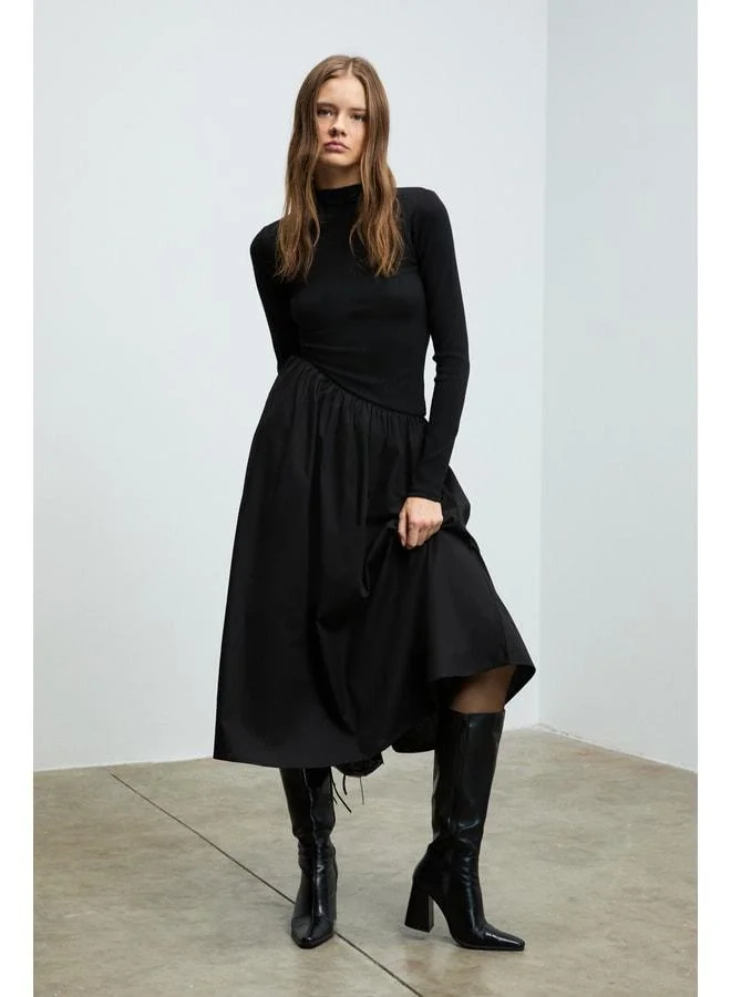 GRIMELANGE PANI PANTI Women's Top with Ribana Skirt Poplin Body-Hugging Black Dress.