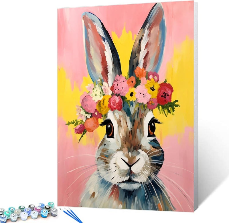 Tucocoo Rabbit Flower Crown Oil Painting Paint by Number Kits 16 x 20 inch Canvas Pop Art Color DIY Painting for Kid Students Adult Beginner with Brushes Acrylic PigmentRabbit Flowers Headwithout Frame - Image 2
