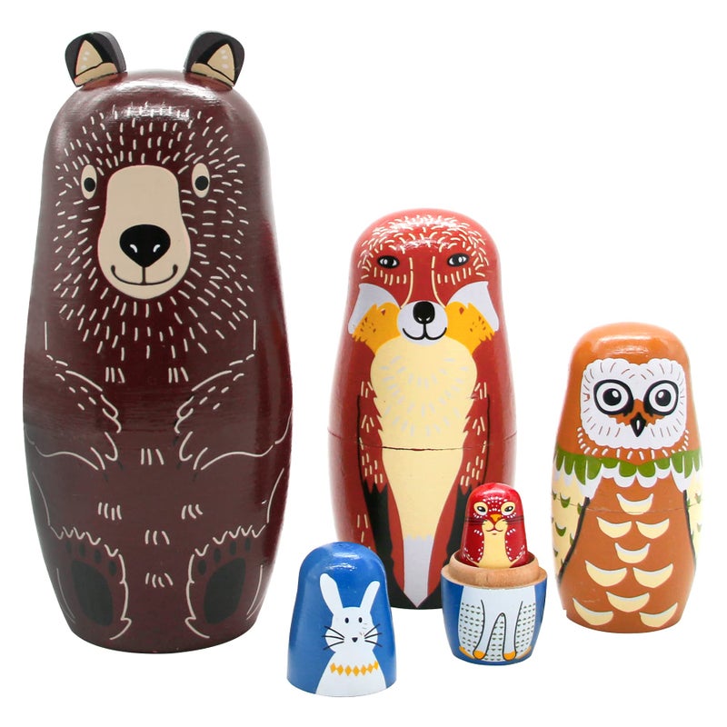 Conzy Russian Nesting Dolls for Kids, Stacking Wooden Handmade Matryoshka Dolls, 5 Piece Cute Cartoon Animal Pattern, Great Toy Gift for Girls Boys' Birthday or Home Decoration (Brown) - Image 1