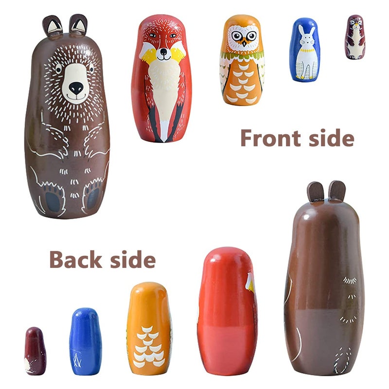 Conzy Russian Nesting Dolls for Kids, Stacking Wooden Handmade Matryoshka Dolls, 5 Piece Cute Cartoon Animal Pattern, Great Toy Gift for Girls Boys' Birthday or Home Decoration (Brown) - Image 3