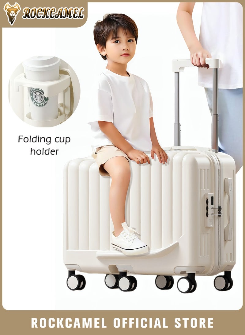 ROCKCAMEL أمتعة أطفال قابلة للركوب، حقيبة سفر مقاس 20 بوصة من ABS صلب مع حامل كوب وخطاف جانبي وحامل هاتف، 6 عجلات صامتة دوارة 360 درجة، قفل سري مدمج، حقيبة سفر ممتعة (أبيض) - Image 1