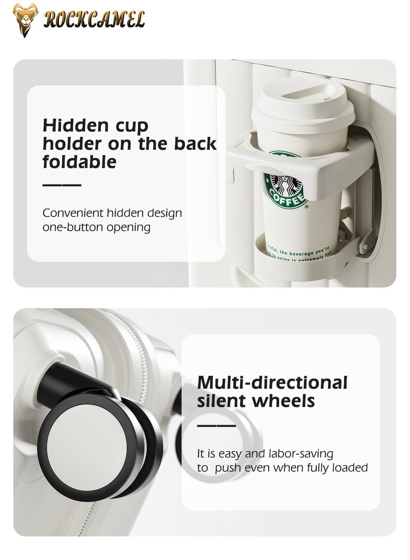 ROCKCAMEL أمتعة أطفال قابلة للركوب، حقيبة سفر مقاس 20 بوصة من ABS صلب مع حامل كوب وخطاف جانبي وحامل هاتف، 6 عجلات صامتة دوارة 360 درجة، قفل سري مدمج، حقيبة سفر ممتعة (أبيض) - Image 5