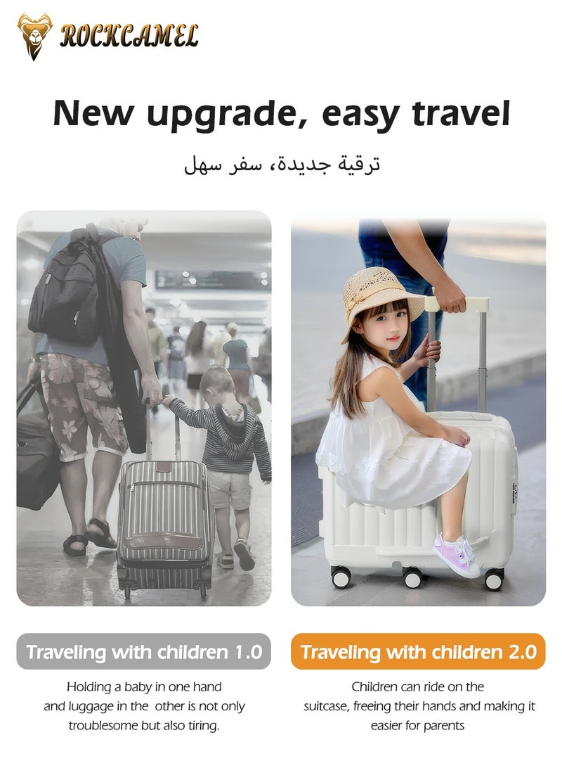 ROCKCAMEL أمتعة أطفال قابلة للركوب، حقيبة سفر مقاس 20 بوصة من ABS صلب مع حامل كوب وخطاف جانبي وحامل هاتف، 6 عجلات صامتة دوارة 360 درجة، قفل سري مدمج، حقيبة سفر ممتعة (أبيض) - Image 2