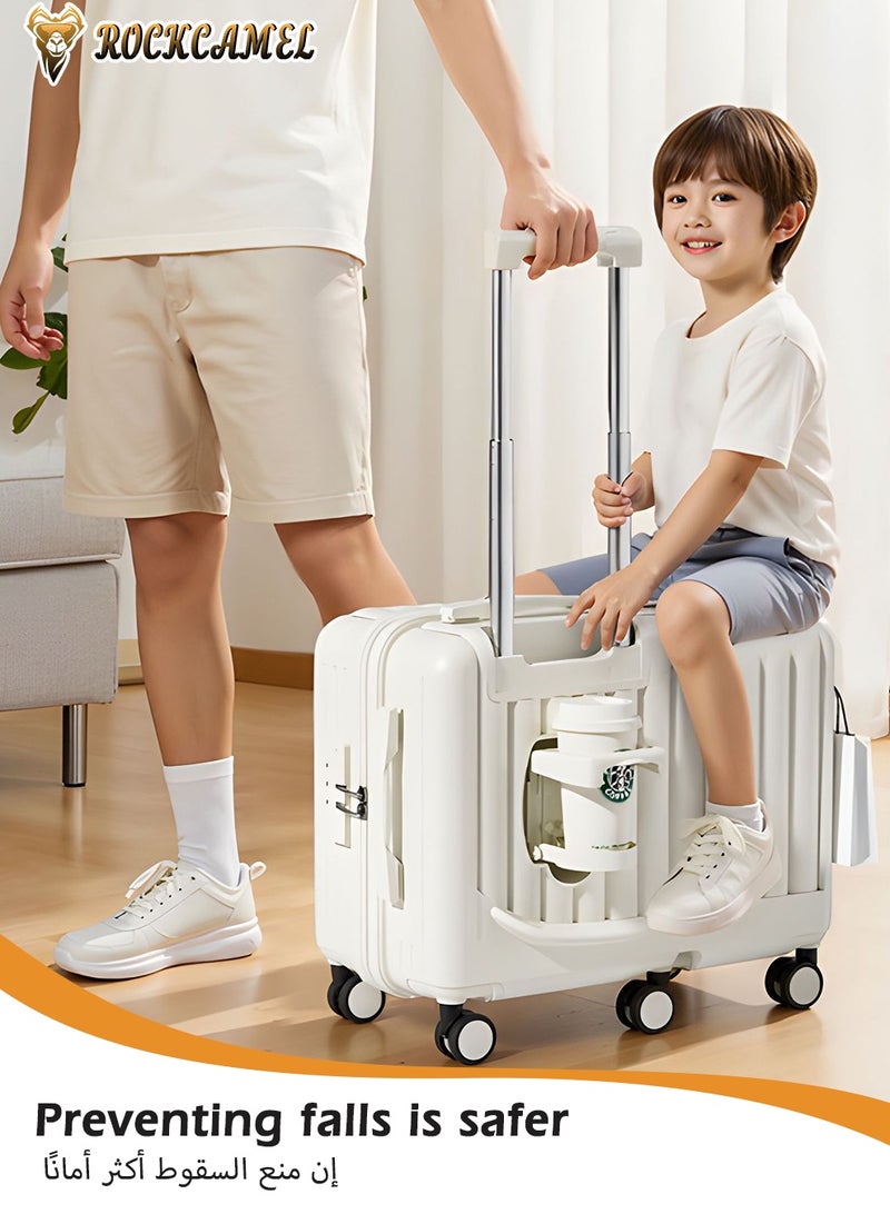 ROCKCAMEL أمتعة أطفال قابلة للركوب، حقيبة سفر مقاس 20 بوصة من ABS صلب مع حامل كوب وخطاف جانبي وحامل هاتف، 6 عجلات صامتة دوارة 360 درجة، قفل سري مدمج، حقيبة سفر ممتعة (أبيض) - Image 3
