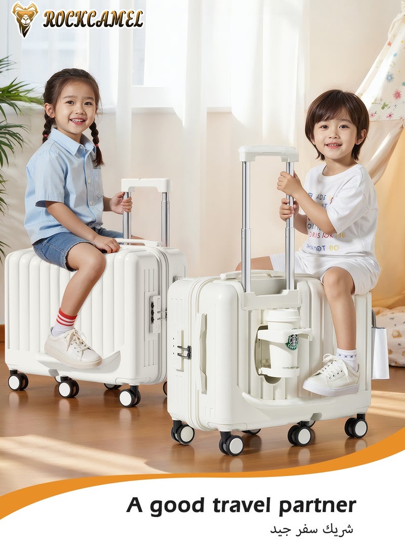 ROCKCAMEL أمتعة أطفال قابلة للركوب، حقيبة سفر مقاس 20 بوصة من ABS صلب مع حامل كوب وخطاف جانبي وحامل هاتف، 6 عجلات صامتة دوارة 360 درجة، قفل سري مدمج، حقيبة سفر ممتعة (أبيض) - Image 4