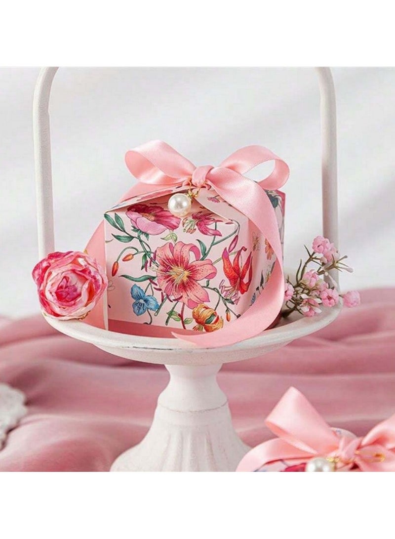 مجموعة صناديق هدايا فاخرة من 10 قطع – تصميم زهري أنيق مع شريط ساتان ولمسة لؤلؤية - Image 1