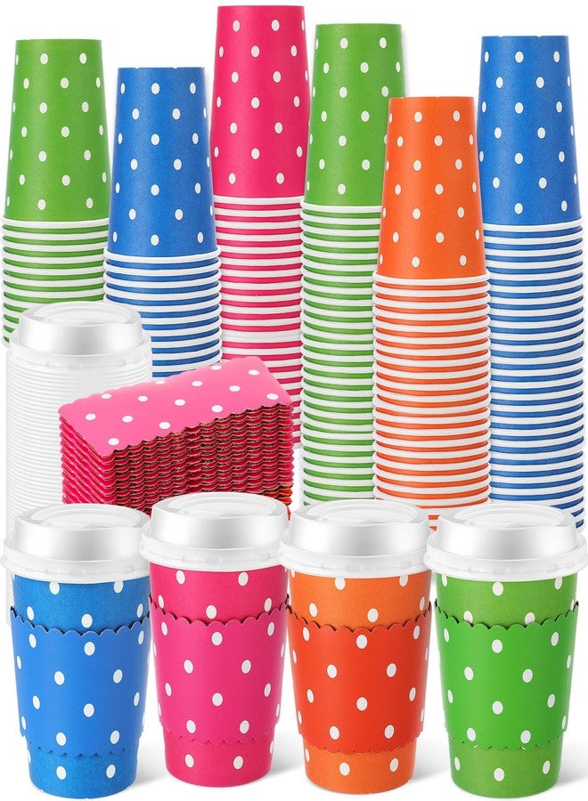 Mimorou 100 Set Polka Dot Disposable Coffee Cups with Lids and Sleeves Bulk Multicolor 8oz Paper Cup Cold Beverage Drinking Cups for Coffee Bar Easter Spring Summer Party Decoration Supplies - Image 1