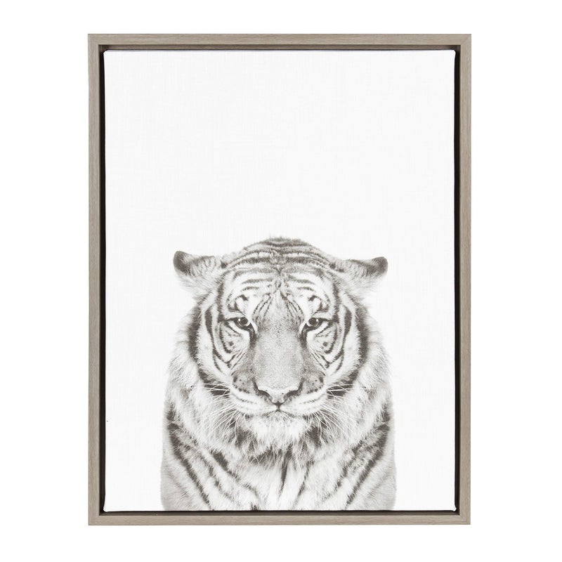 Kate and Laurel Sylvie Tiger Black and White Portrait Framed Canvas Wall Art by Simon Te Tai 18x24 Gray