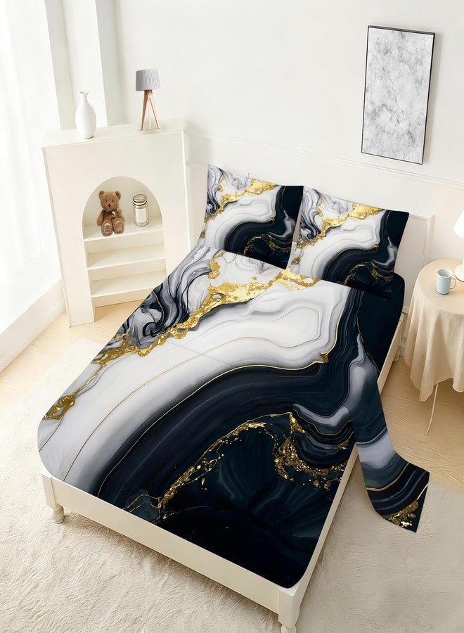 VTKON Marble Sheet Sets Queen Size for Boys Women Men Teens Bedroom Decor Black Gold Marble Fitted Sheet Set Mordern Bed Sheet Soft Microfiber Bedspread 1 Fitted Sheet+1 Flat Sheet+2 Pillowcases - Image 2