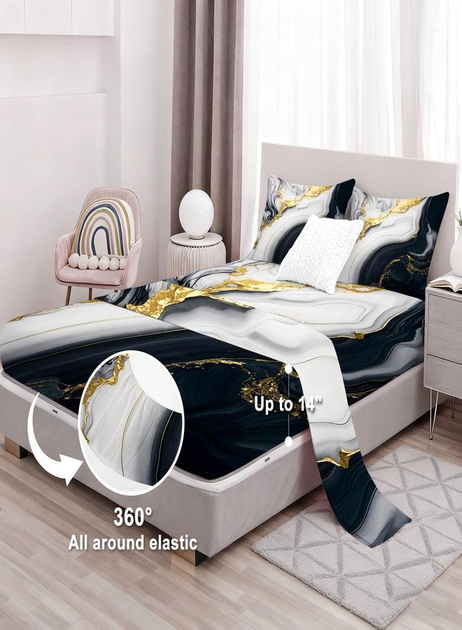 VTKON Marble Sheet Sets Queen Size for Boys Women Men Teens Bedroom Decor Black Gold Marble Fitted Sheet Set Mordern Bed Sheet Soft Microfiber Bedspread 1 Fitted Sheet+1 Flat Sheet+2 Pillowcases - Image 4