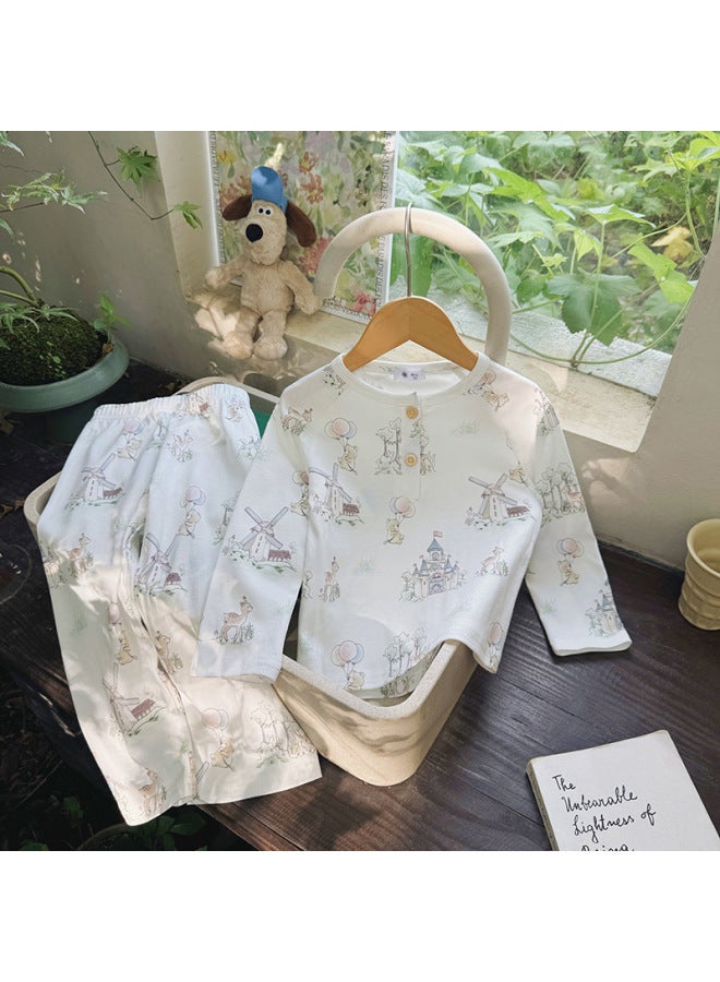 Children's  And Winter Pajamas, Combed Cotton Long-sleeved Open-leg Eco-friendly Printed Set, Boys And Girls Home Wear