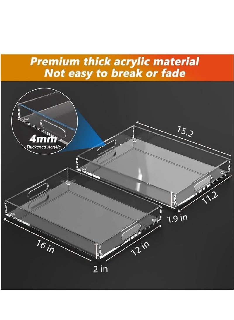 SHAOZHEN Clear Acrylic Tray with Handles, Set of 2, Decorative Serving Tray for Coffee Table, Tea, Storage | 15.2" X 11" X 2" Rectangular - Image 3