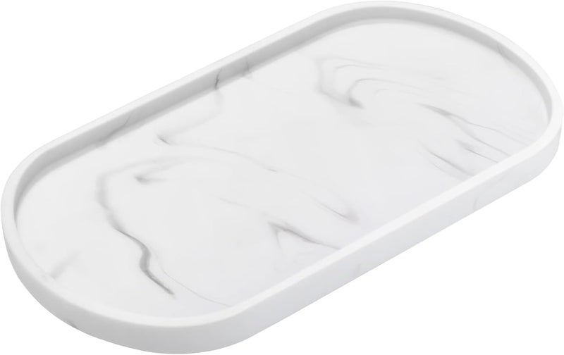 Luxspire Vanity Tray, Oval Storage for Toilet Tank, Resin Soap Holder for Bathtub, Bathroom Countertop Organizer for Candles, Towels, Plants - Medium, Marble White - Image 1