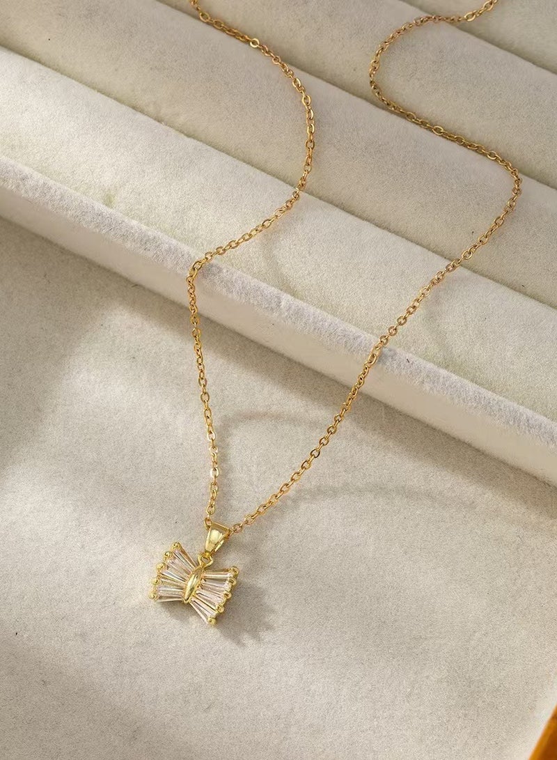 Necklace for Girls ,Women's Shiny Necklace Bow Necklace Women's Jewellery Women's Holiday Gift Suitable for Wife, Family, Friends ，Ladies Jewelry ,Accessories for Ladies(Gold) - Image 3