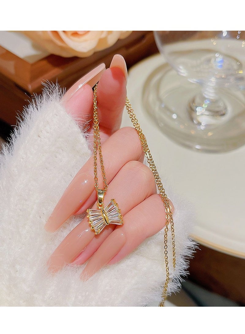 Necklace for Girls ,Women's Shiny Necklace Bow Necklace Women's Jewellery Women's Holiday Gift Suitable for Wife, Family, Friends ，Ladies Jewelry ,Accessories for Ladies(Gold) - Image 4