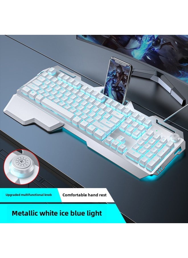 Generic Eweadn GX810 Mechanical Gaming Keyboard Mouse Headset Set With Knob For Notebook Computer Wired Esports Game Compatible-Color:Metal White Ice Blue Light_[Upgrade Hand-held Version]]  - Image 1