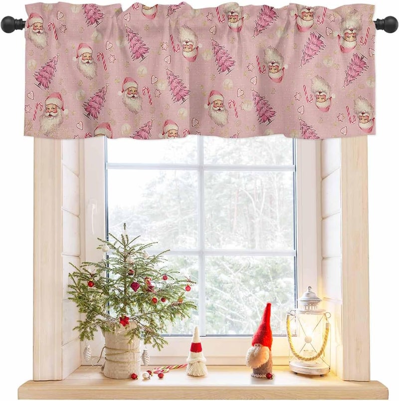 Christmas Curtain Valances Pink Santa Claus Valance for Kitchen Windows Xmas Tree Candy Rod Pocket Valance Curtains for Living Room Bedroom Small Windows Home Decor 54x18in - Image 1