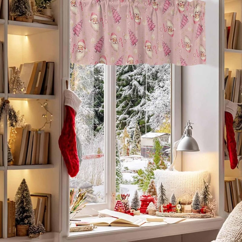 Christmas Curtain Valances Pink Santa Claus Valance for Kitchen Windows Xmas Tree Candy Rod Pocket Valance Curtains for Living Room Bedroom Small Windows Home Decor 54x18in - Image 3