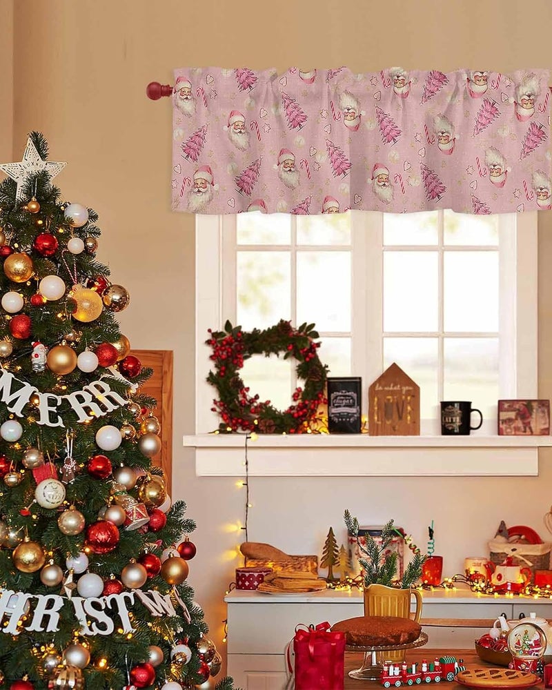 Christmas Curtain Valances Pink Santa Claus Valance for Kitchen Windows Xmas Tree Candy Rod Pocket Valance Curtains for Living Room Bedroom Small Windows Home Decor 54x18in - Image 4