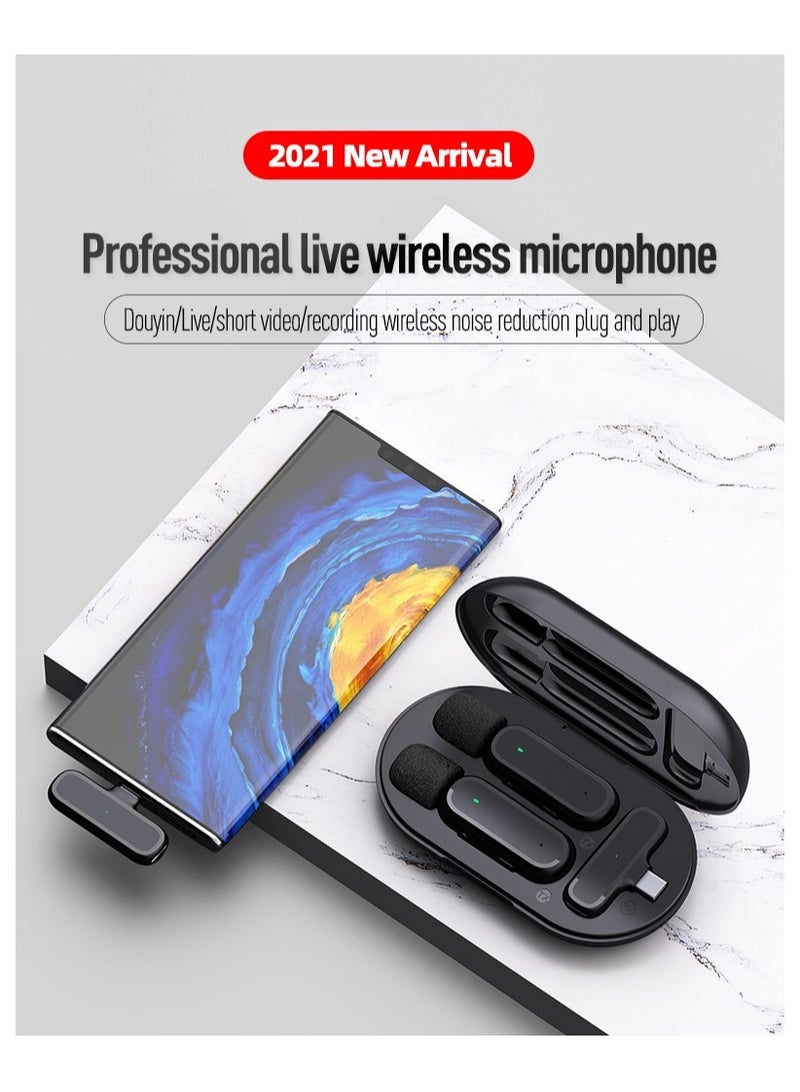 iPhone Interface One Drag Two Wireless Lavalier Microphone Charging Compartment Mobile Phone Live Broadcast Radio Noise Reduction Microphone - Image 1