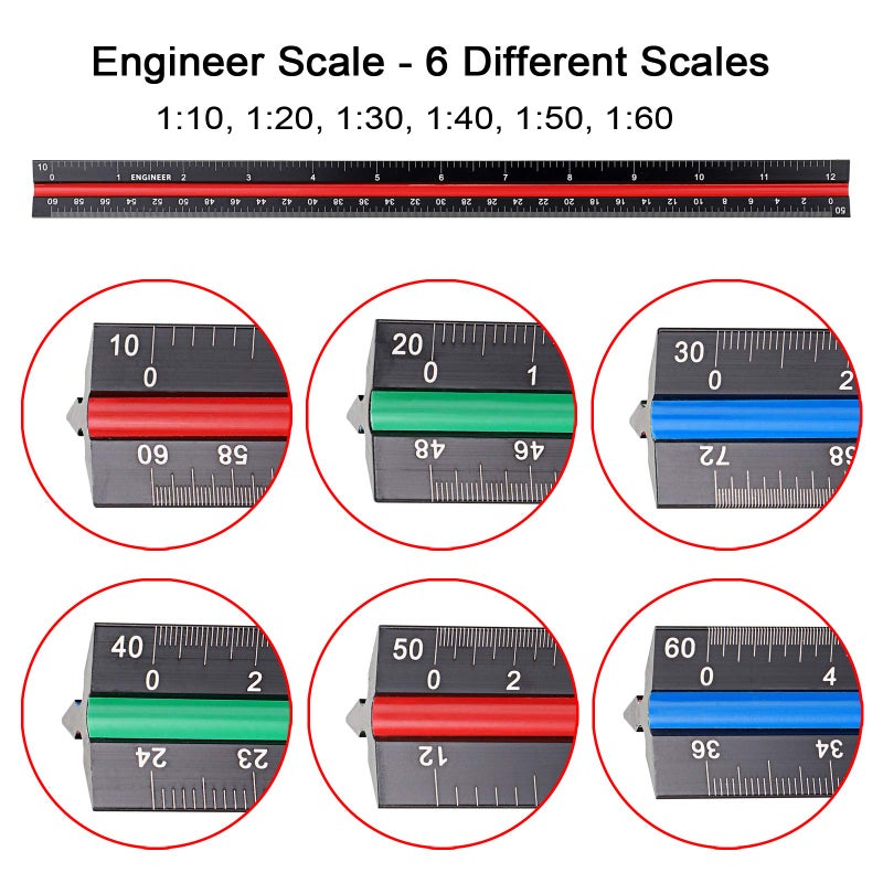 OwnMy 3 Pack 12 Inch Solid Aluminum Triangular Architect Scale Ruler Set, 3-Colors-Groove Architectural and Engineer Scale Metal Ruler Set, Clear Scales Drafting Rulers for Engineer Blueprint Project - Image 5